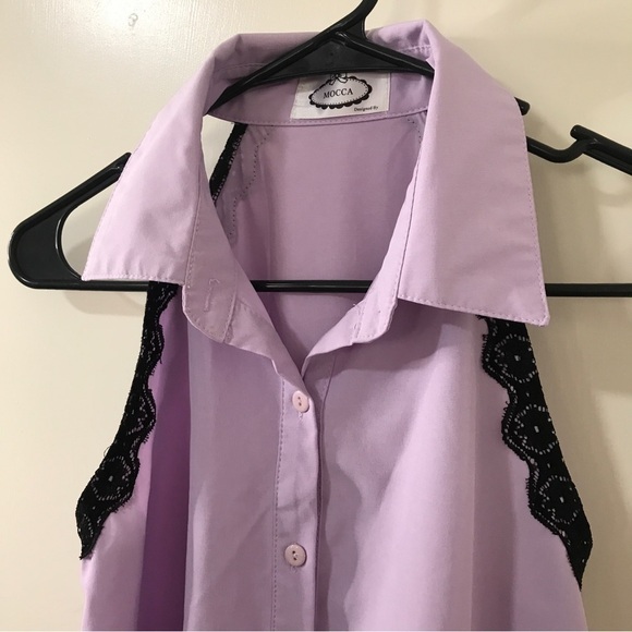 3/$15 mocca lavender and black lace halter button down top size Small - Picture 5 of 7